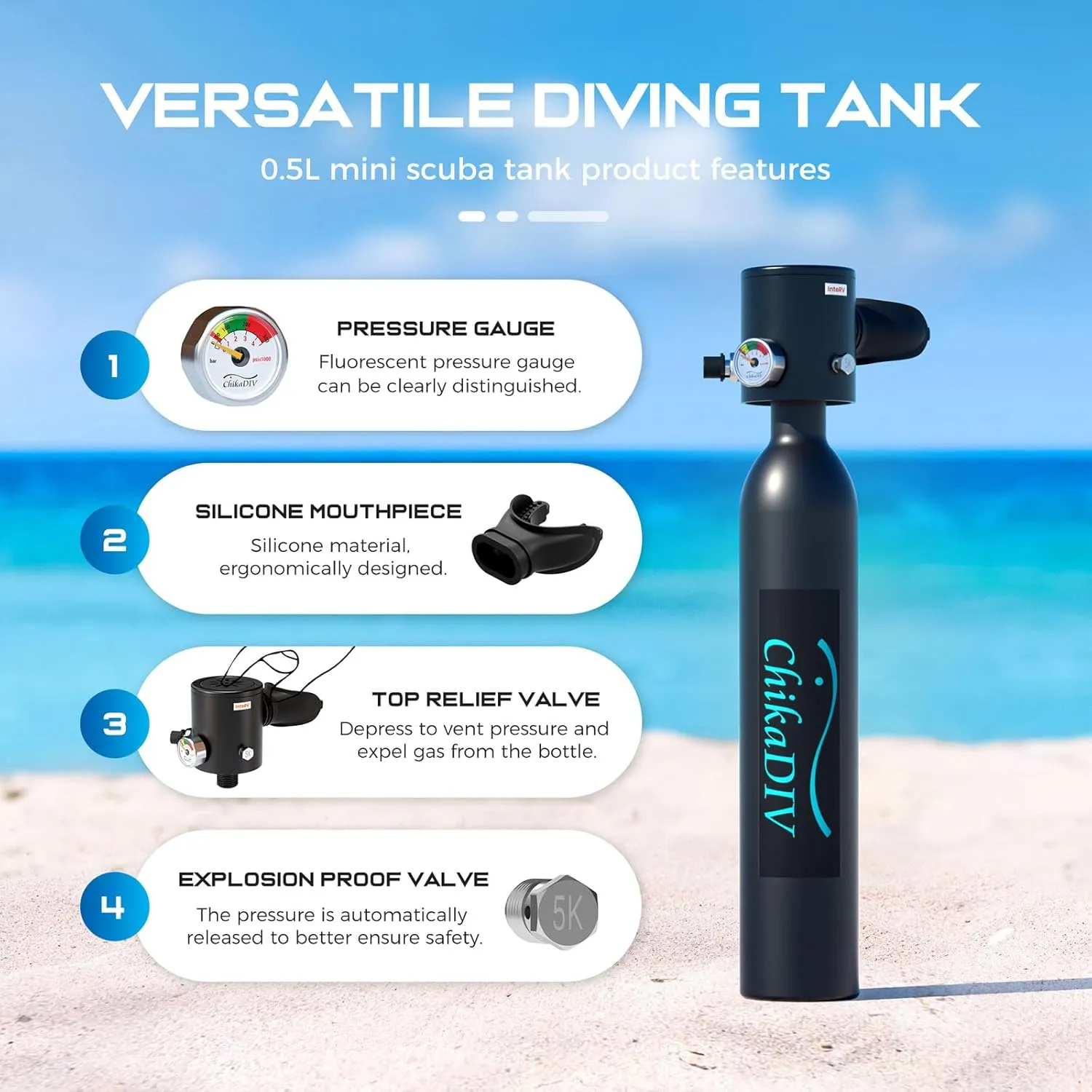 Mini Scuba Tank,Portable Diving Tank,0.5l Lung Tank for Snorkeling Diving, Reusable Scuba Diving Kit Gear Underwater Breathing Training, Emergency Rescue