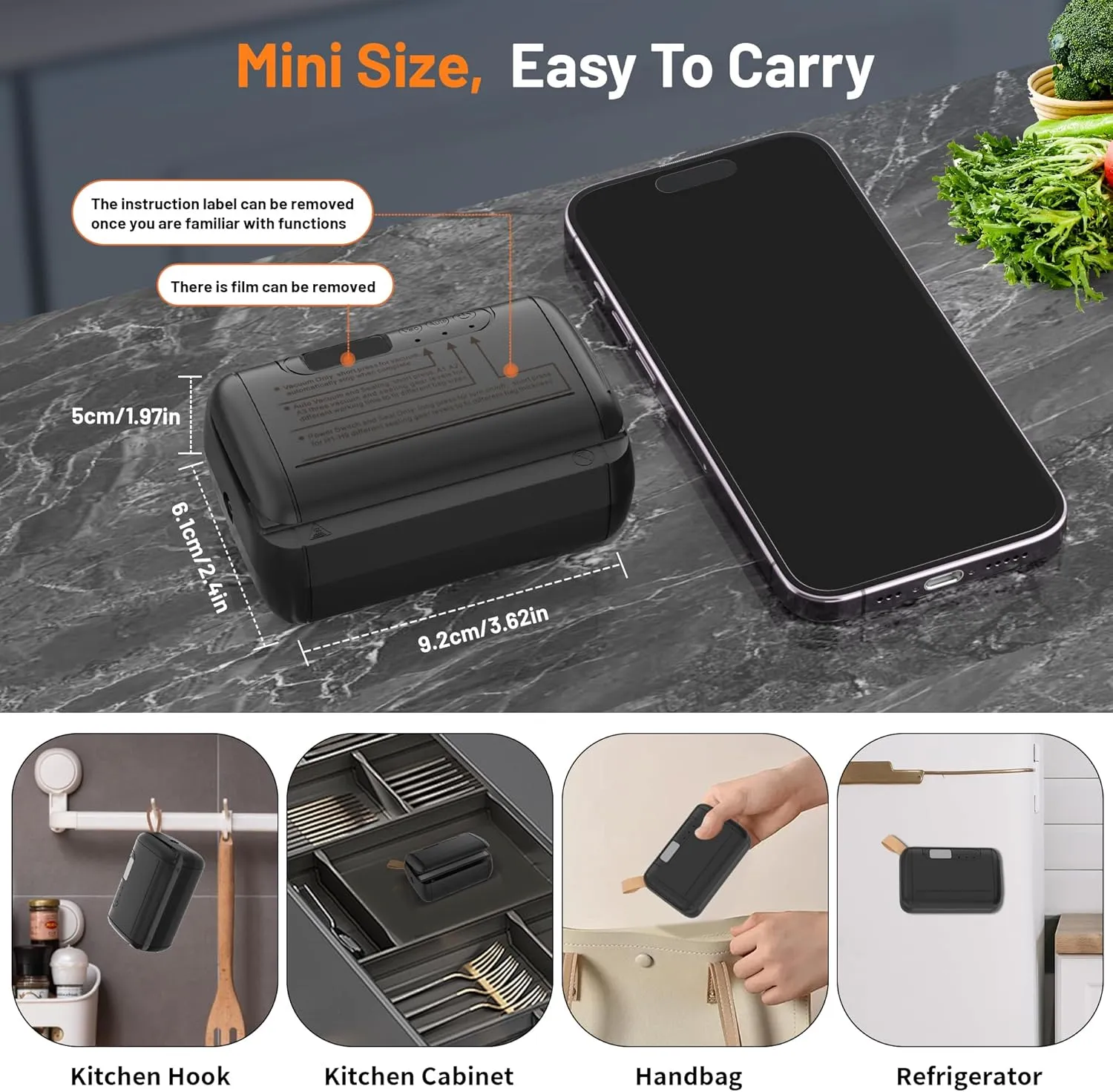 Mini Vacuum Sealer for Food, 10 in 1 Mini Bag Sealer Heat Seal with Cutter Rechargeable Cordless Handheld Vacuum Sealer Bag Resealer for Snacks Plastic Bag Marson Jar Food Storage- Black