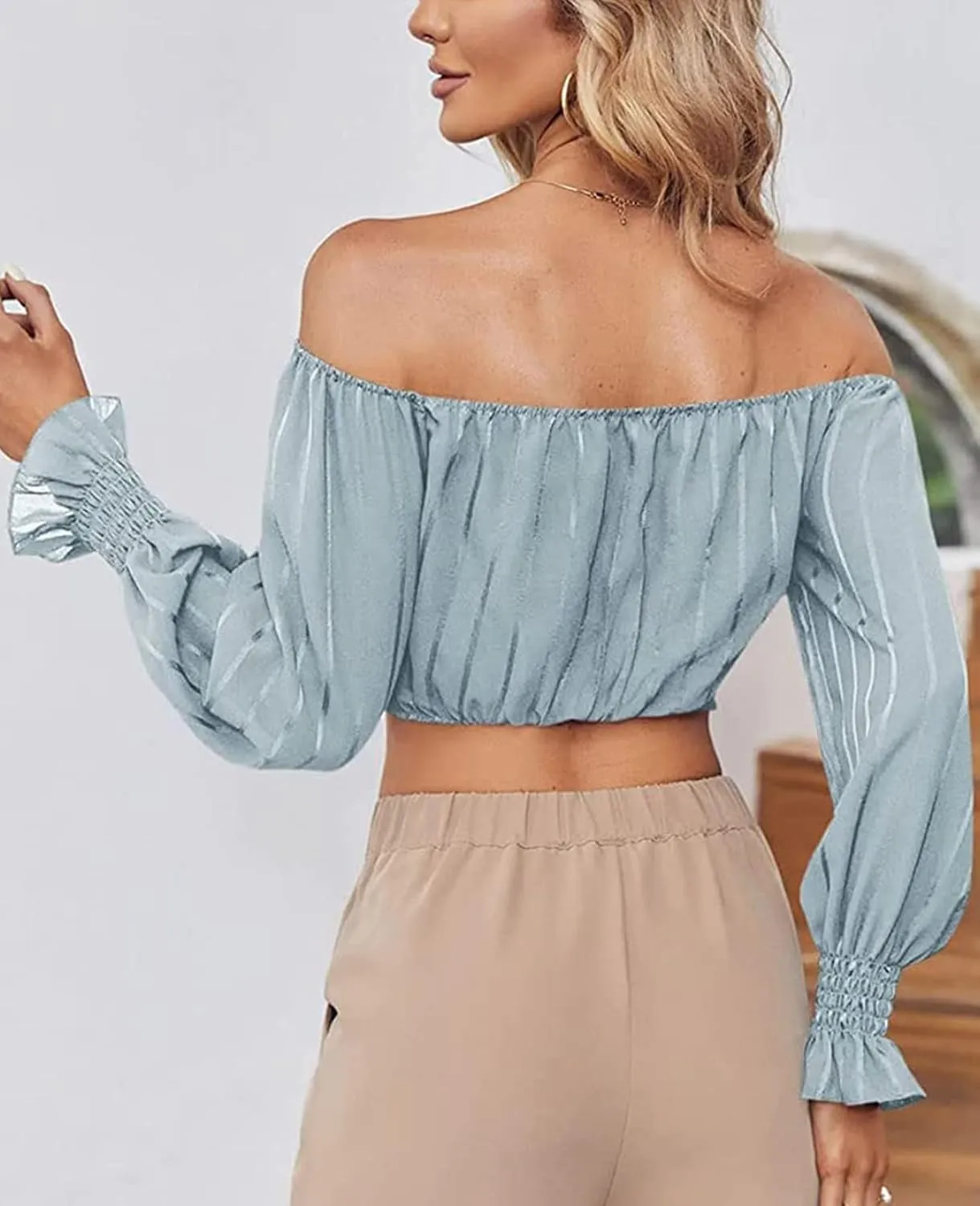MIRACMODA Womens Elegant Off The Shoulder Puff Sleeve Blouse Summer Chiffon Slim Fit Party Crop Top