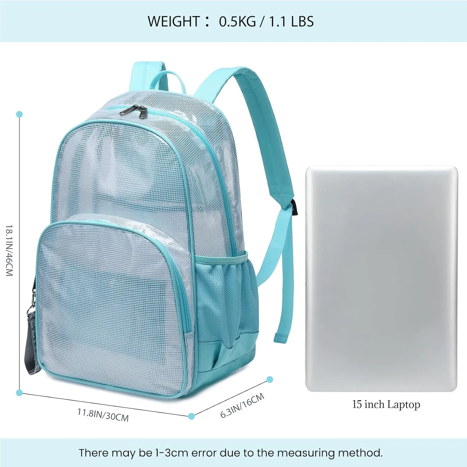 MIRLEWAIY Heavy Duty Mesh Backpack See Through Bag Stadium Approved Schoolbag with Laptop Compartment, Light Blue