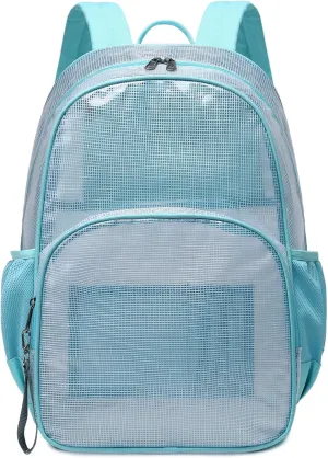 MIRLEWAIY Heavy Duty Mesh Backpack See Through Bag Stadium Approved Schoolbag with Laptop Compartment, Light Blue