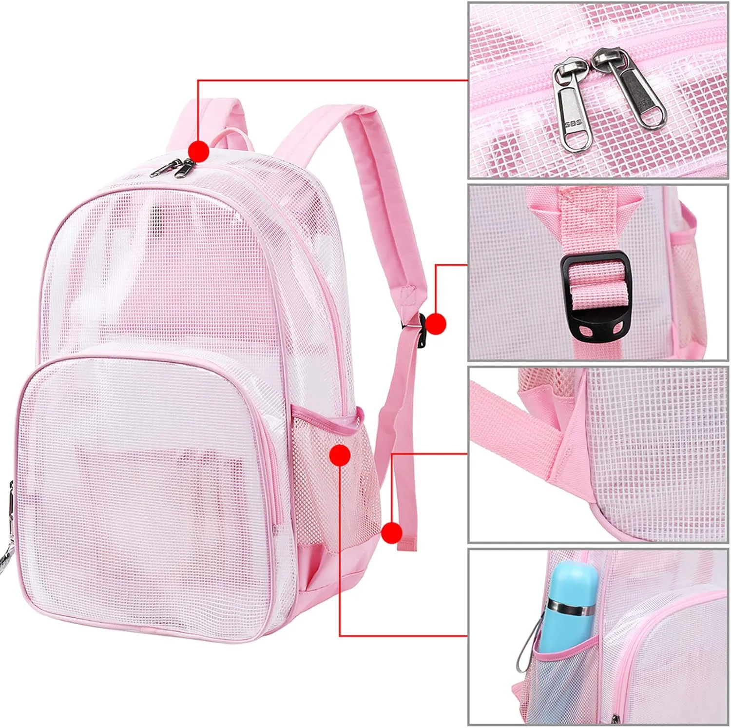 MIRLEWAIY Heavy Duty Mesh Backpack See Through Bag Stadium Approved Schoolbag with Laptop Compartment, Light Blue
