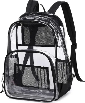 MIRLEWAIY Large Clear Backpack Durable See Through Transparent Book-bag Heavy Duty School Backpack for Kids Stadium Approved Security, Black
