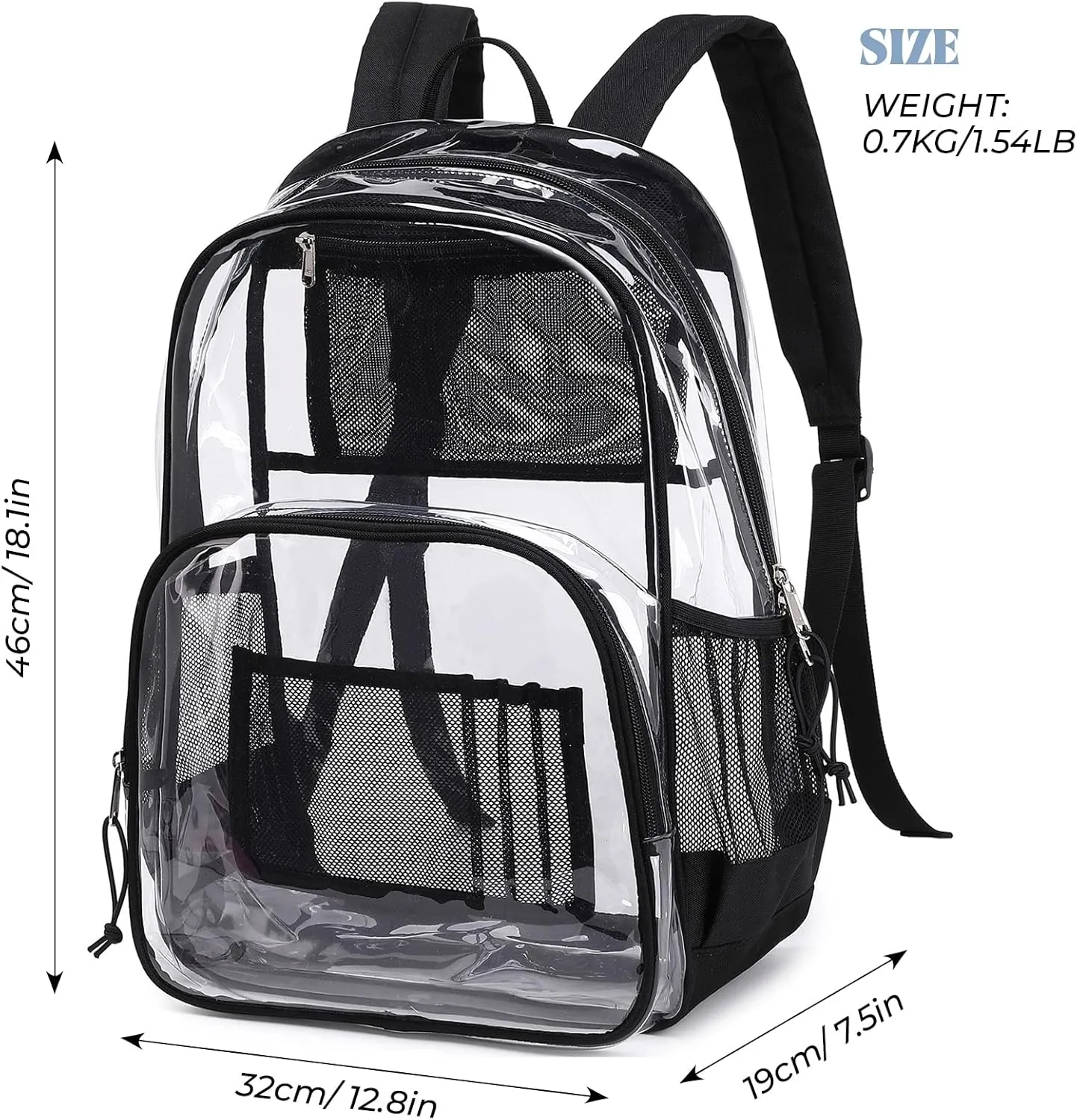 MIRLEWAIY Large Clear Backpack Durable See Through Transparent Book-bag Heavy Duty School Backpack for Kids Stadium Approved Security, Black
