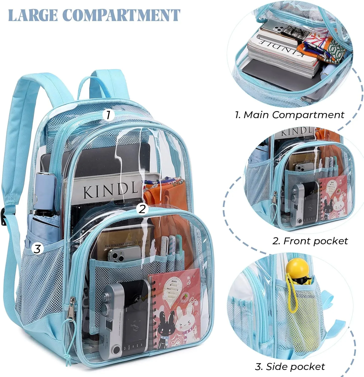 MIRLEWAIY Large Clear Backpack Durable See Through Transparent Book-bag Heavy Duty School Backpack for Kids Stadium Approved Security, Black