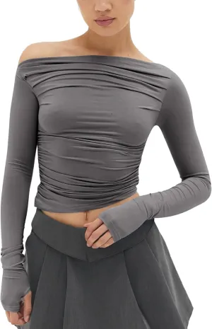 MISS MOLY Women's Off Shoulder Asymmetrical Tops Y2K Ruched Slim Sexy Cropped Long Sleeve Tee Shirts