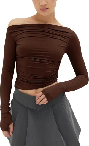MISS MOLY Women's Off Shoulder Asymmetrical Tops Y2K Ruched Slim Sexy Cropped Long Sleeve Tee Shirts