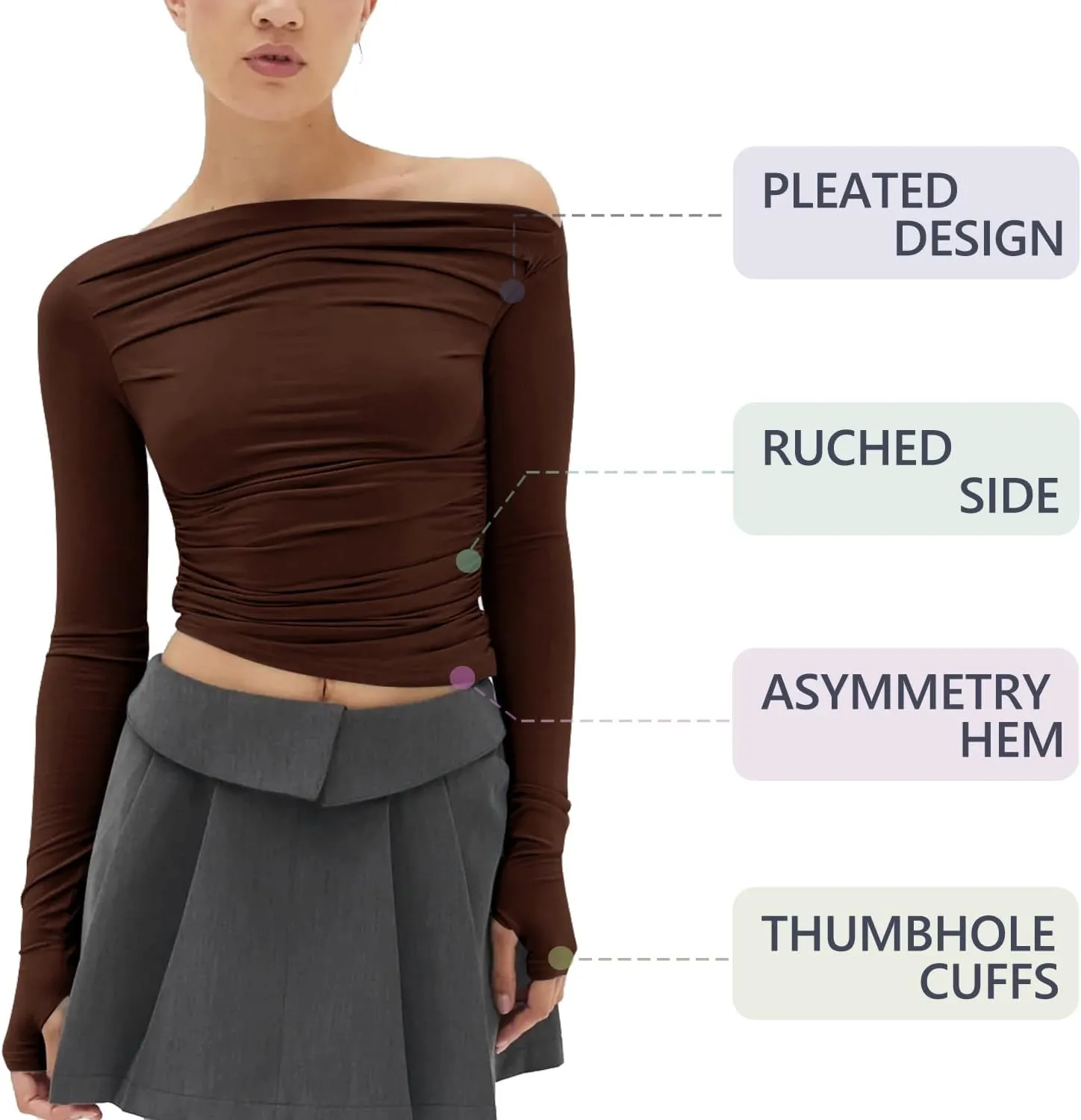 MISS MOLY Women's Off Shoulder Asymmetrical Tops Y2K Ruched Slim Sexy Cropped Long Sleeve Tee Shirts