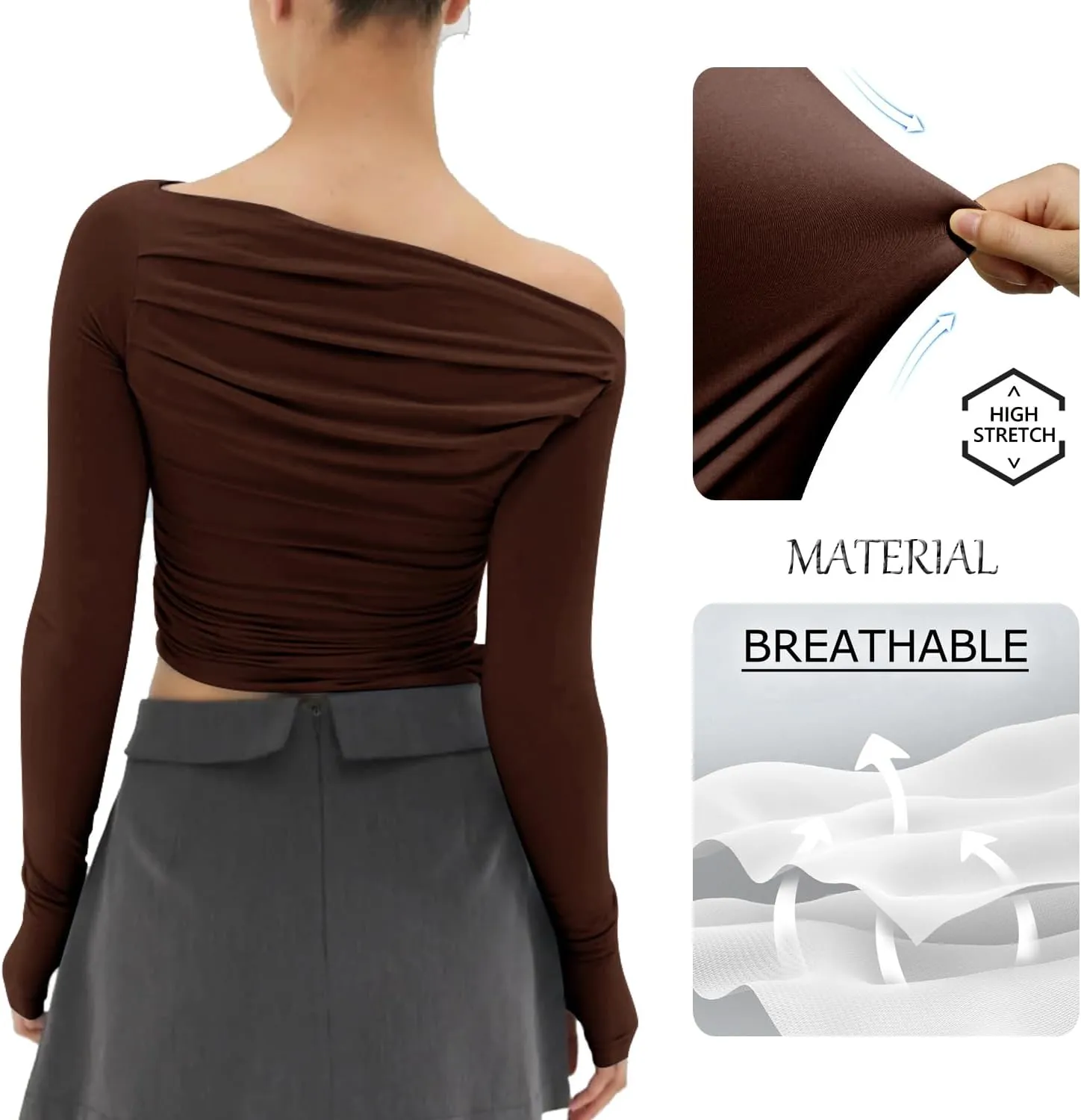 MISS MOLY Women's Off Shoulder Asymmetrical Tops Y2K Ruched Slim Sexy Cropped Long Sleeve Tee Shirts