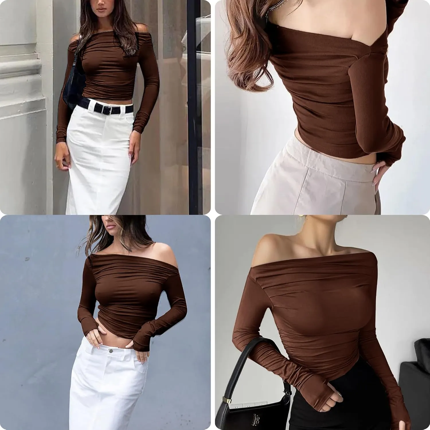 MISS MOLY Women's Off Shoulder Asymmetrical Tops Y2K Ruched Slim Sexy Cropped Long Sleeve Tee Shirts