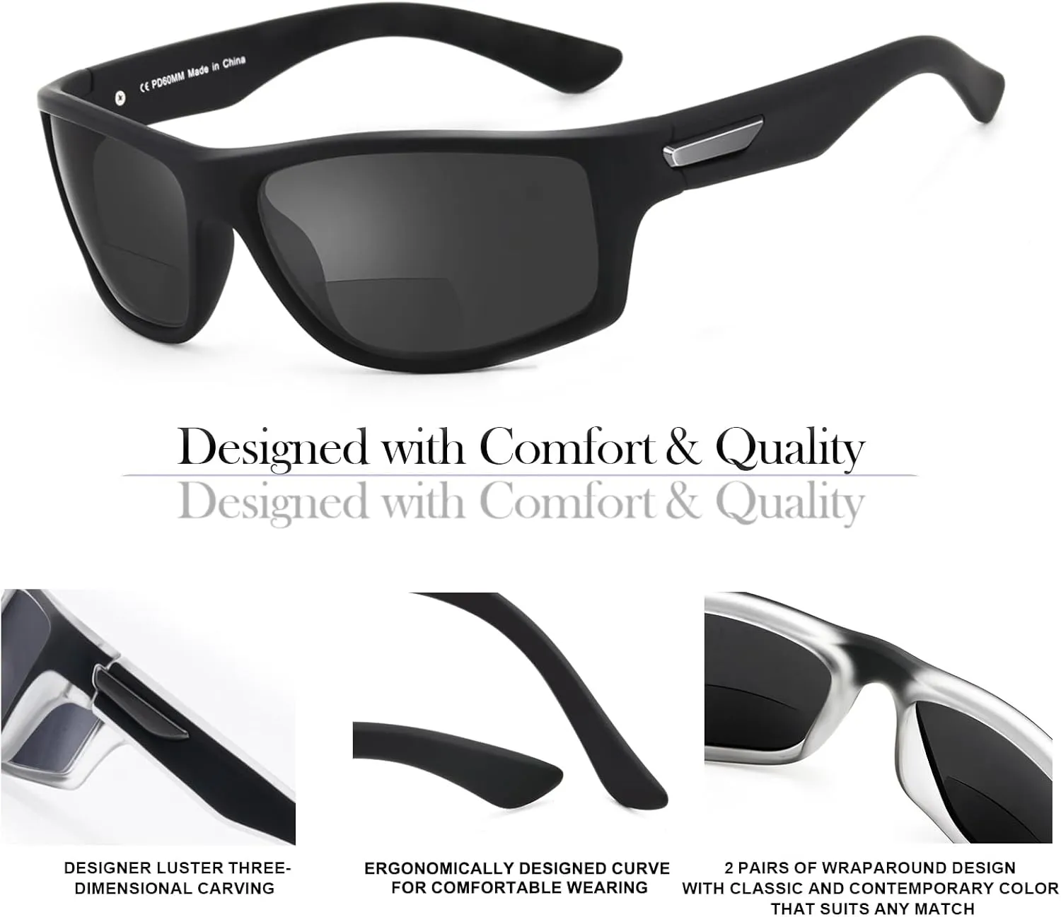 Missfive 2-Pack Mens Ultimate Bifocal Sunglasses with Readers Built In Sporty Upgraded Wrap Frame, UV400 Protection Driving & Reading Glasses for Outdoor  2.25