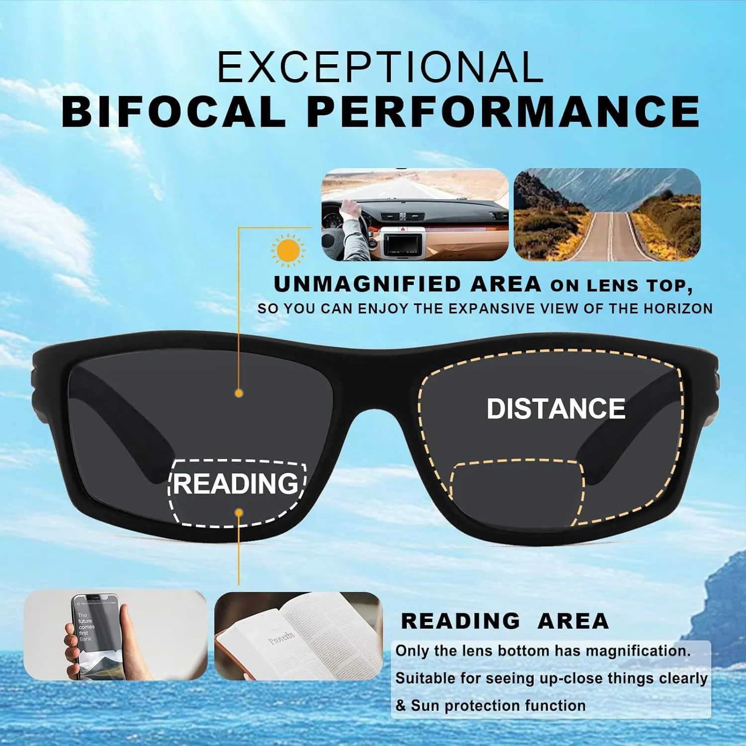 Missfive 2-Pack Mens Ultimate Bifocal Sunglasses with Readers Built In Sporty Upgraded Wrap Frame, UV400 Protection Driving & Reading Glasses for Outdoor  2.25