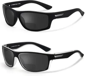 Missfive 2-Pack Mens Ultimate Bifocal Sunglasses with Readers Built In Sporty Upgraded Wrap Frame, UV400 Protection Driving & Reading Glasses for Outdoor  2.25