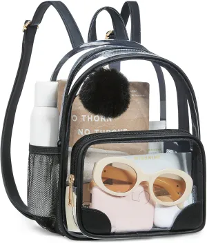 Missnine Anti-theft Clear Backpack, Small Mini Clear Bag for Sport Event Concert with Cute Fur Ball