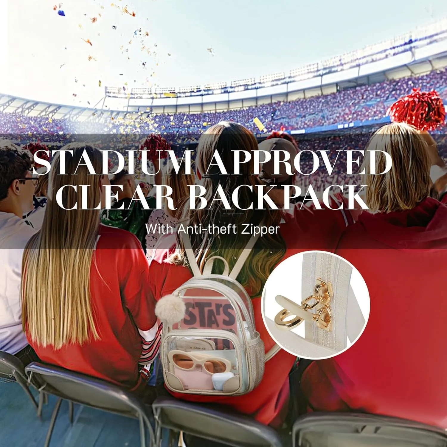 Missnine Anti-theft Clear Backpack, Small Mini Clear Bag for Sport Event Concert with Cute Fur Ball