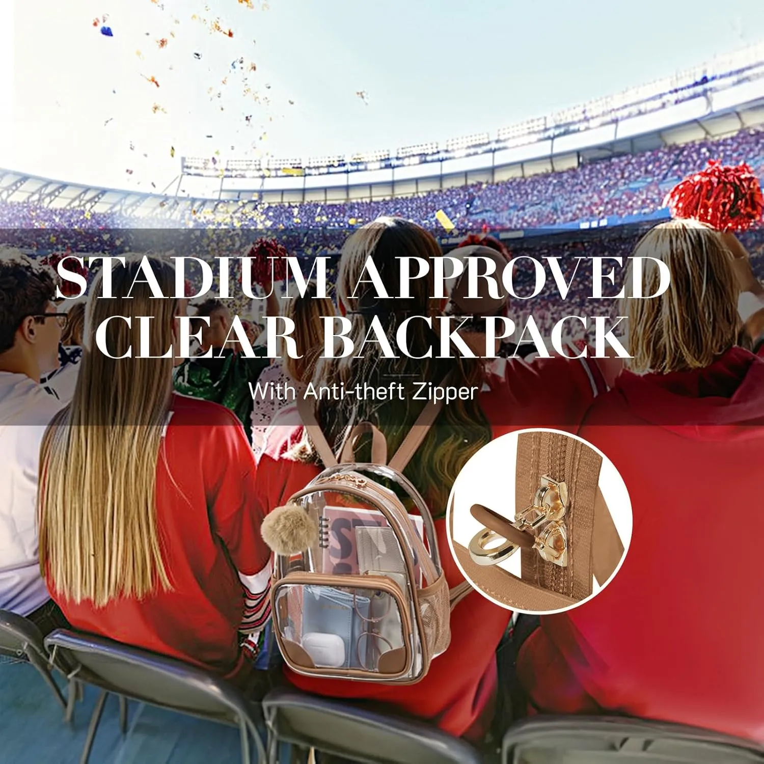 Missnine Anti-theft Clear Backpack, Small Mini Clear Bag for Sport Event Concert with Cute Fur Ball