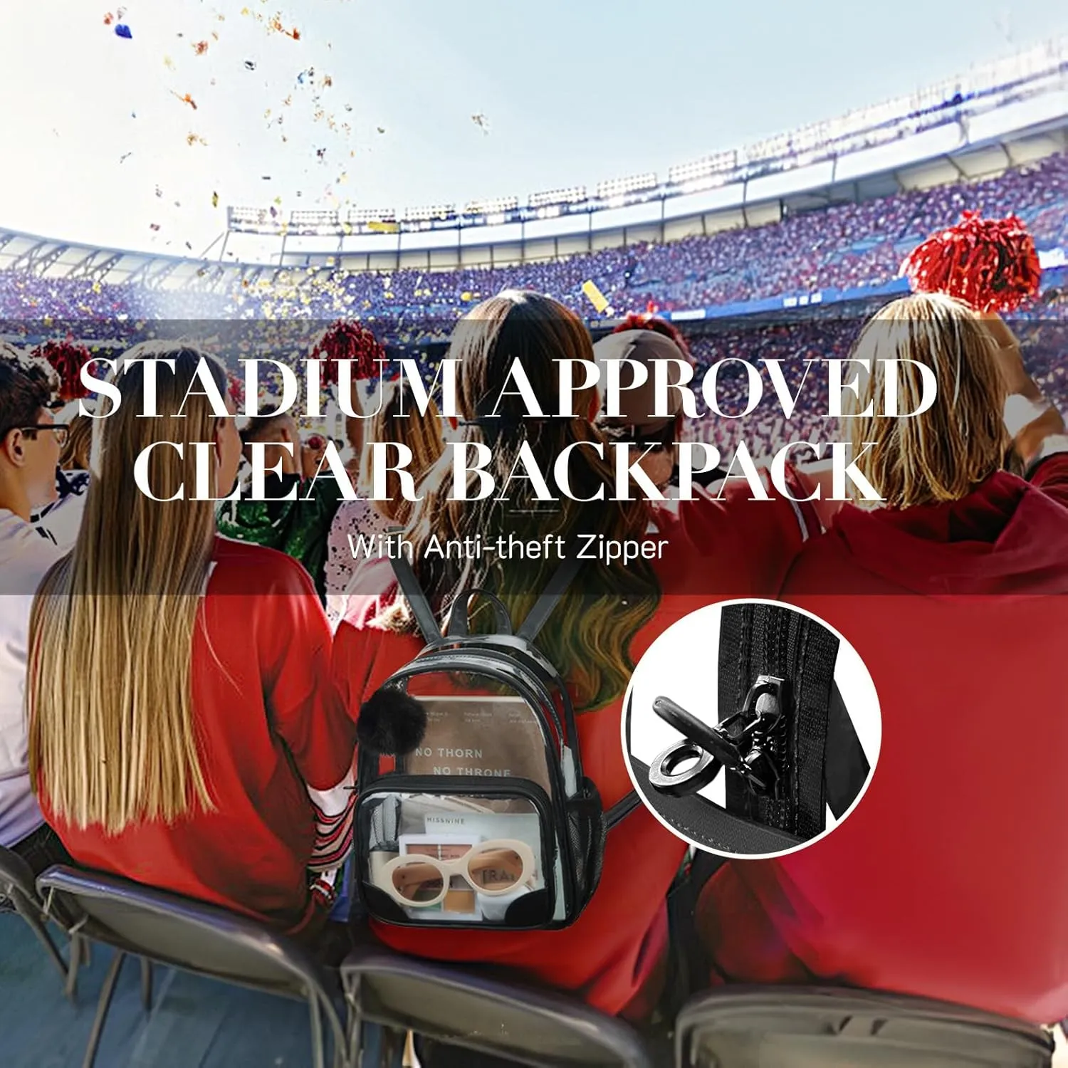 Missnine Anti-theft Clear Backpack, Small Mini Clear Bag for Sport Event Concert with Cute Fur Ball