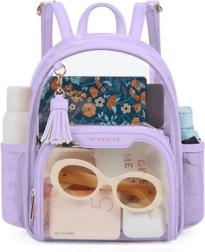 Missnine Clear Backpack Stadium Approved, Thick PVC Mini Clear Bag with Leather Trim for Sports Event, Concert, Festival, Purple