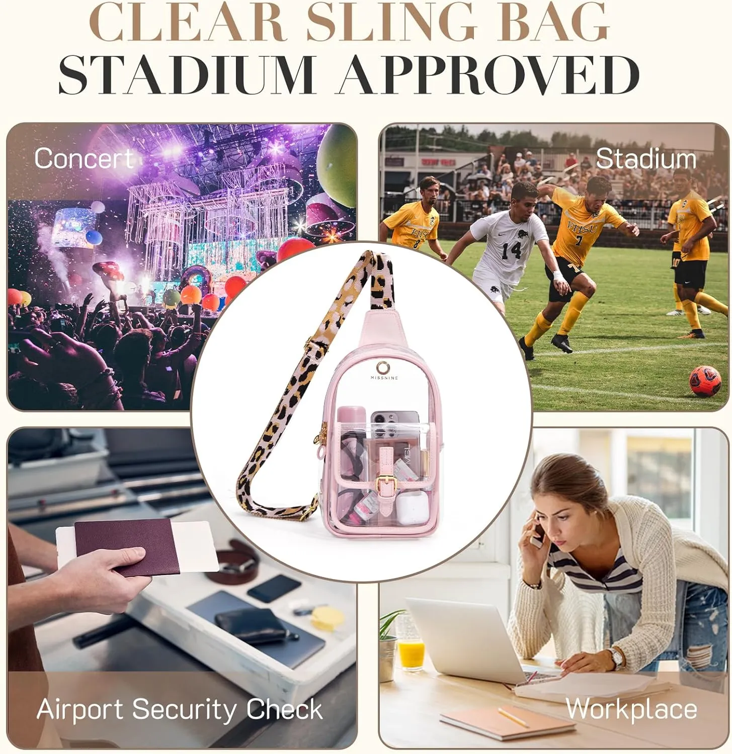 Missnine Clear Bag for Stadium Events Clear Sling Bag Fanny Pack Crossbody Purse for Sport Concert with Side Mesh Pocket