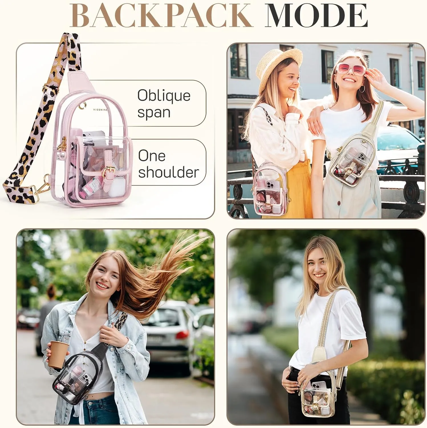Missnine Clear Bag for Stadium Events Clear Sling Bag Fanny Pack Crossbody Purse for Sport Concert with Side Mesh Pocket