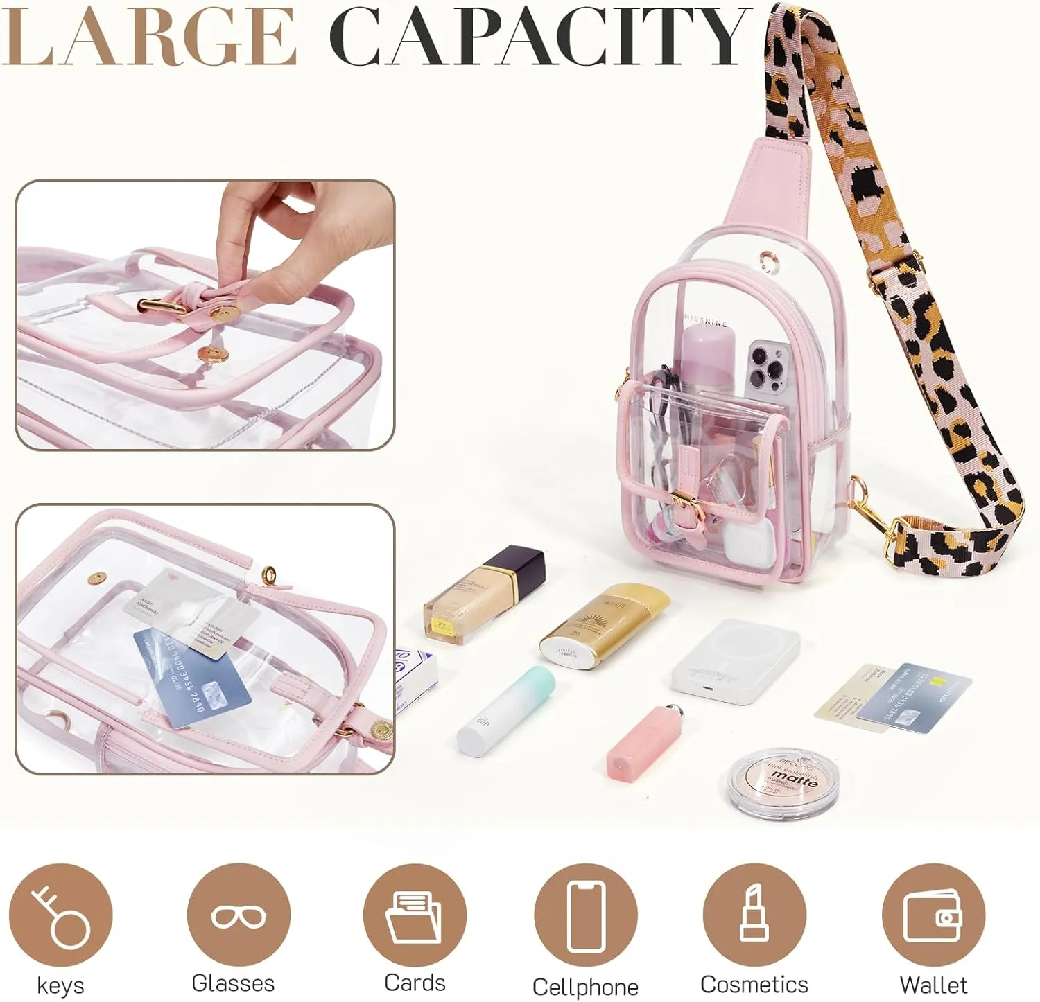 Missnine Clear Bag for Stadium Events Clear Sling Bag Fanny Pack Crossbody Purse for Sport Concert with Side Mesh Pocket