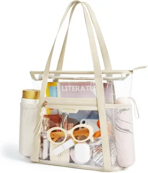 Missnine Clear Bag for Stadium Events Thick PVC Clear Tote Bag for Women with Side Mesh Pockets for Sports Concert Lunch Work