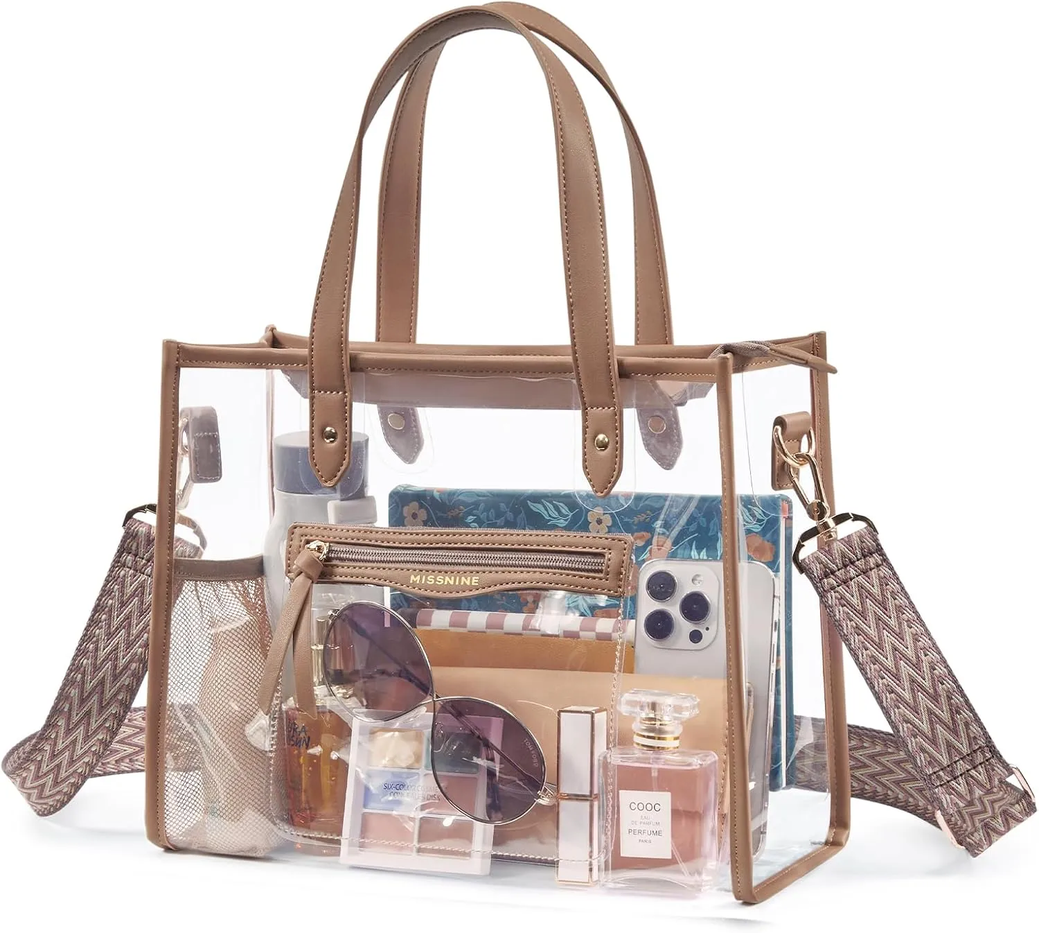 Missnine Clear Tote Bag for Women Thick PVC Clear Bag for Stadium Events with Guitar Strap Transparent for Concert Beach