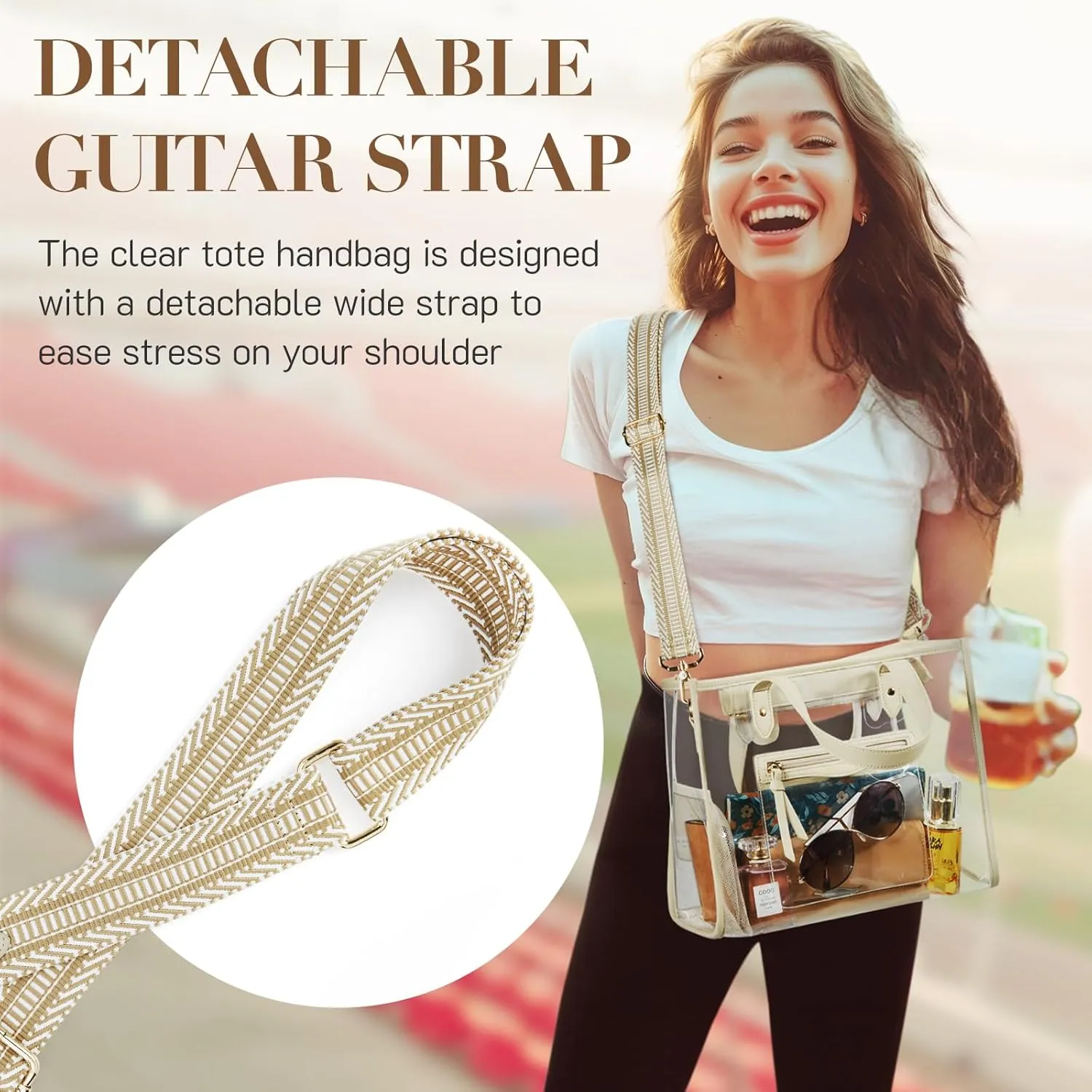 Missnine Clear Tote Bag for Women Thick PVC Clear Bag for Stadium Events with Guitar Strap Transparent for Concert Beach