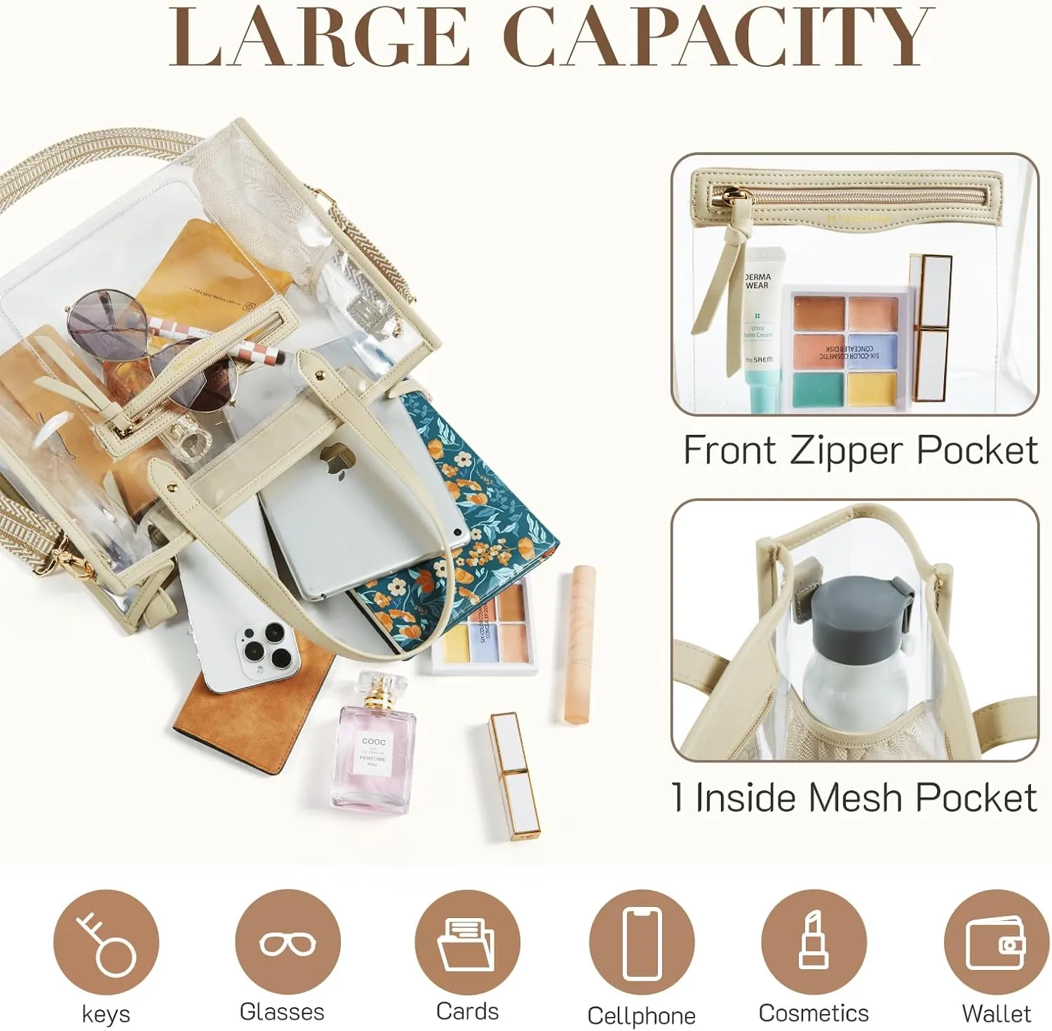 Missnine Clear Tote Bag for Women Thick PVC Clear Bag for Stadium Events with Guitar Strap Transparent for Concert Beach