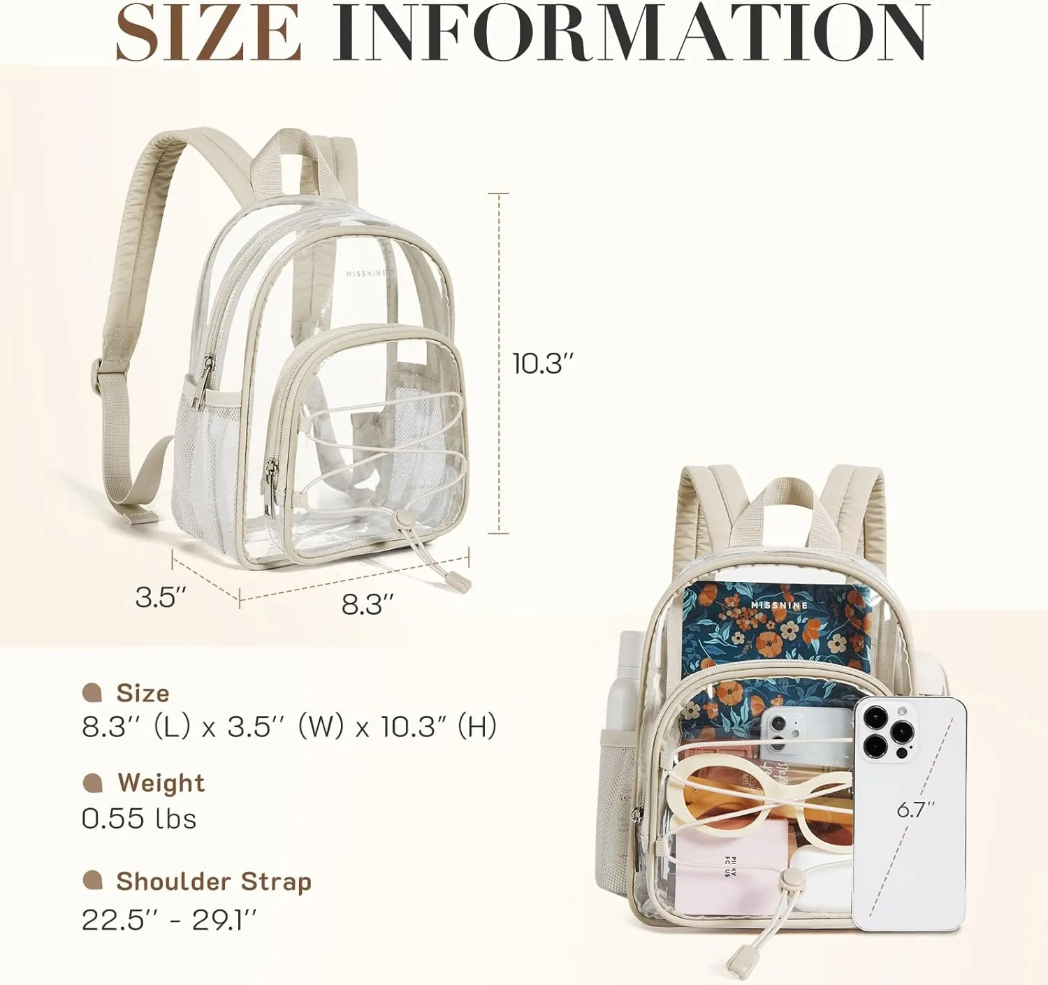 Missnine Mini Clear Backpack for Stadium Events, Small Clear Bag Stadium Approved with Reinforced Straps for Festivals, Sport Events