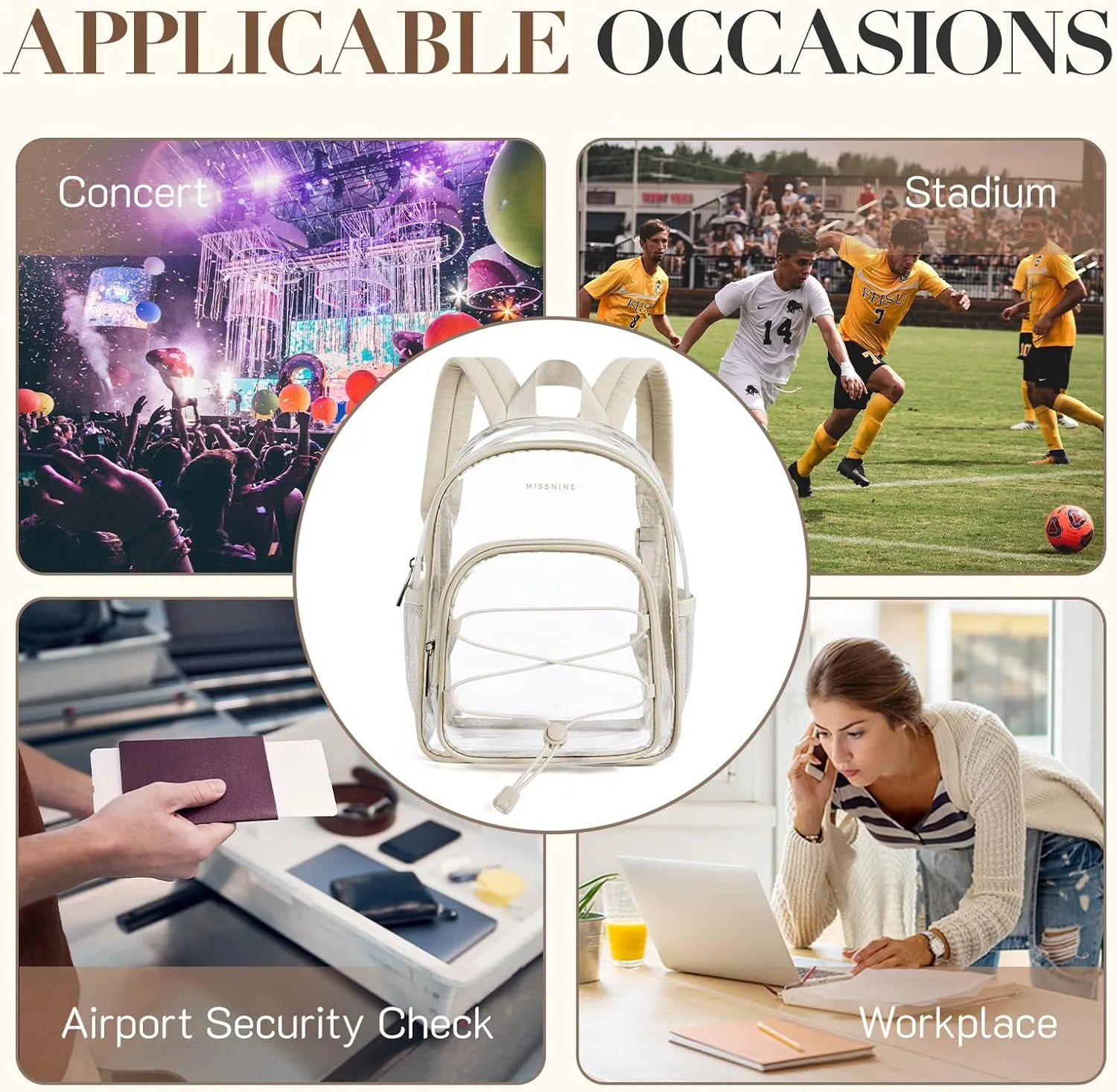 Missnine Mini Clear Backpack for Stadium Events, Small Clear Bag Stadium Approved with Reinforced Straps for Festivals, Sport Events