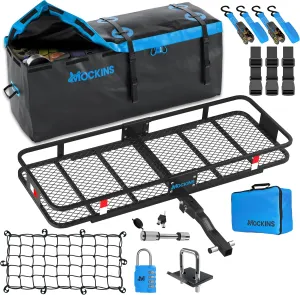 Mockins 60"x20"x6" Trailer Hitch Cargo Carrier & 16 CuFt Hitch Cargo Carrier Bag | 500 Lbs. Capacity Steel Folding Luggage Rack for SUV, Car & Truck w/Waterproof Truck Bed Storage Bag & Accessories