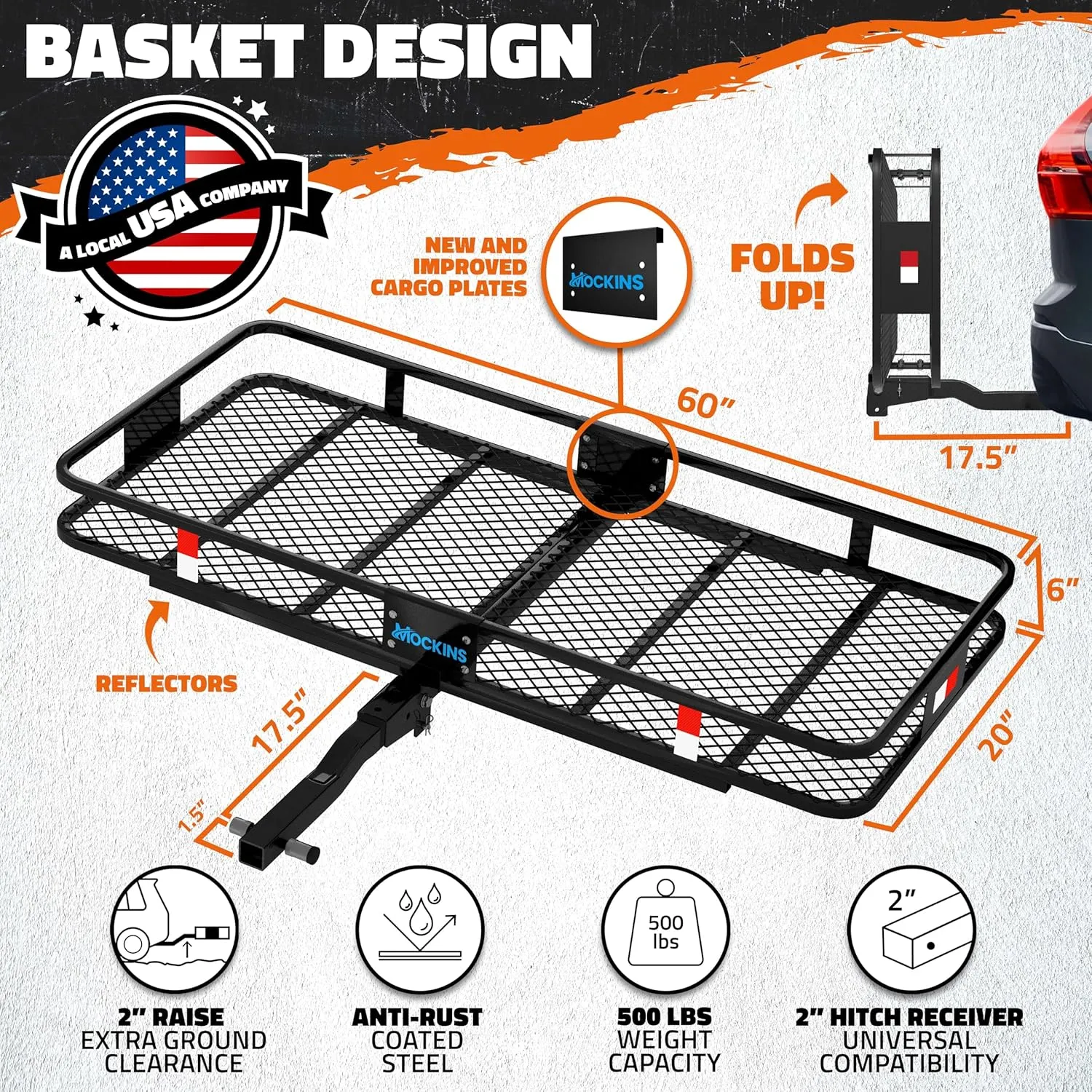 Mockins 60"x20"x6" Trailer Hitch Cargo Carrier & 16 CuFt Hitch Cargo Carrier Bag | 500 Lbs. Capacity Steel Folding Luggage Rack for SUV, Car & Truck w/Waterproof Truck Bed Storage Bag & Accessories