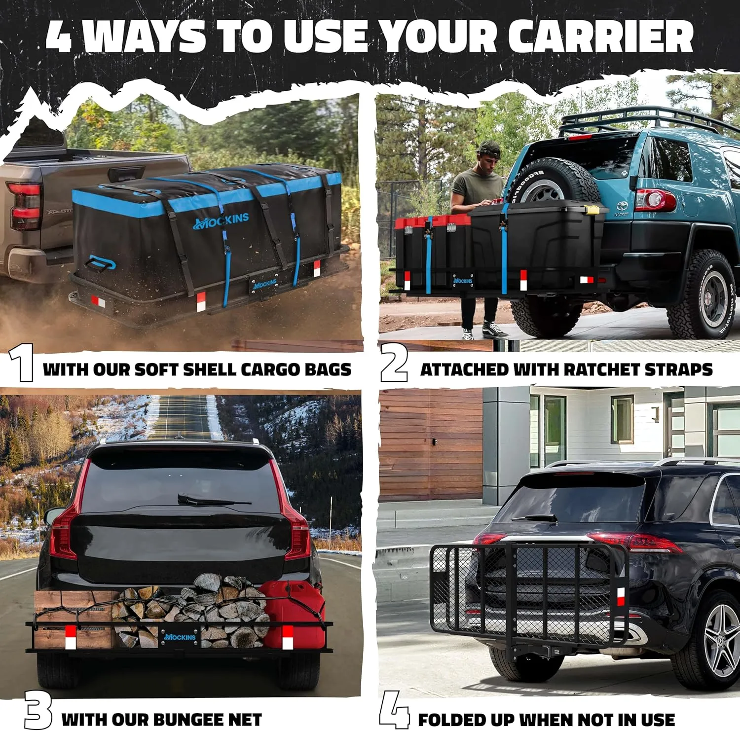Mockins 60"x20"x6" Trailer Hitch Cargo Carrier & 16 CuFt Hitch Cargo Carrier Bag | 500 Lbs. Capacity Steel Folding Luggage Rack for SUV, Car & Truck w/Waterproof Truck Bed Storage Bag & Accessories