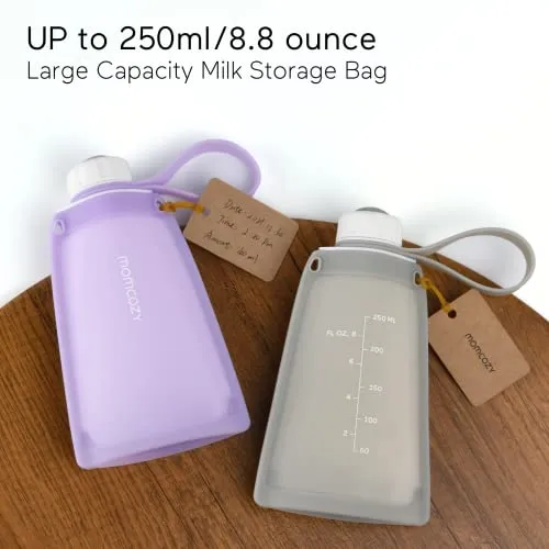 Momcozy Silicone Milk Storage Bags, Reusable Breastmilk Bags for Breastfeeding, 8.5oz/250ml Breast Milk Saver, Leakproof Milk Freezer Storing Pouches, BPA Free (Bean Paste Color, 5pcs)