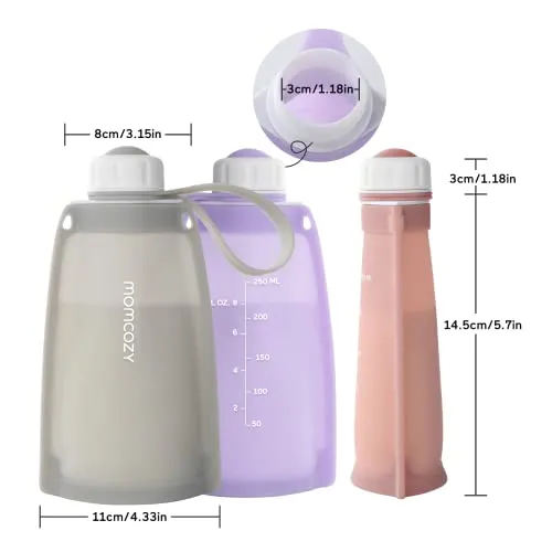 Momcozy Silicone Milk Storage Bags, Reusable Breastmilk Bags for Breastfeeding, 8.5oz/250ml Breast Milk Saver, Leakproof Milk Freezer Storing Pouches, BPA Free (Bean Paste Color, 5pcs)