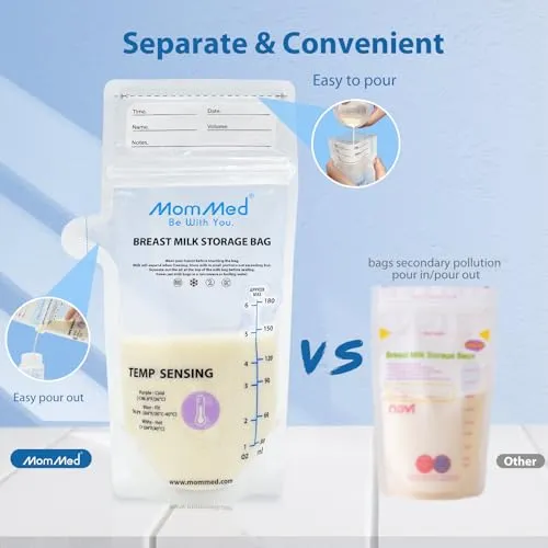 MomMed Breastmilk Storage Bags, Leak Proof Milk Storage Bags for Breastfeeding, Temp-Sensing Discoloration Disposable Breast Milk Bag with Pour Spout, 6 Ounce, Doubled-Sealed, BPA Free, 220Pack