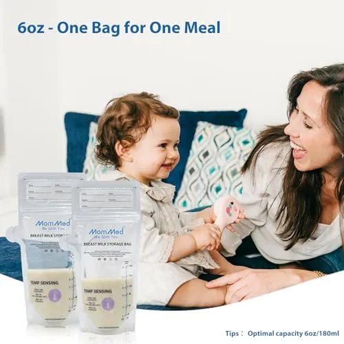 MomMed Breastmilk Storage Bags, Leak Proof Milk Storage Bags for Breastfeeding, Temp-Sensing Discoloration Disposable Breast Milk Bag with Pour Spout, 6 Ounce, Doubled-Sealed, BPA Free, 220Pack