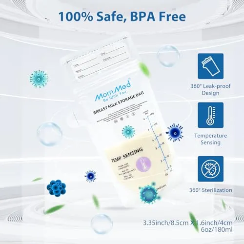 MomMed Breastmilk Storage Bags, Leak Proof Milk Storage Bags for Breastfeeding, Temp-Sensing Discoloration Disposable Breast Milk Bag with Pour Spout, 6 Ounce, Doubled-Sealed, BPA Free, 220Pack