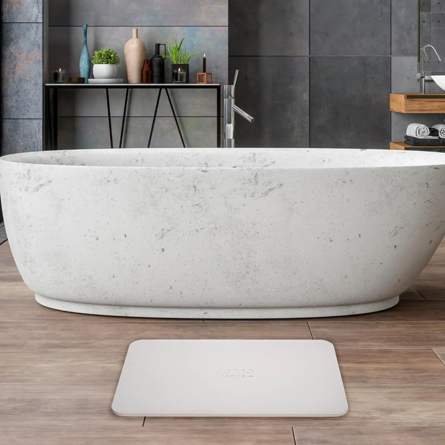 Momo Lifestyle Stone Bath Mat Drytomita – Quick Drying Diatomaceous Earth, Ultra Absorbent (23.6 X 15.4 Inches) Linen Grey