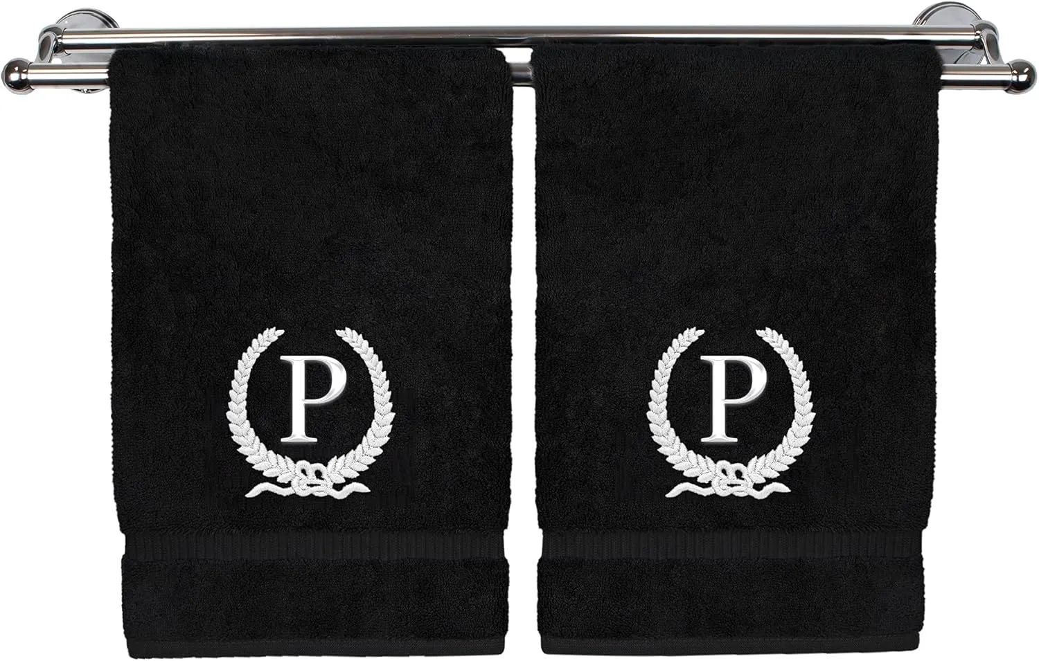 Monogrammed Hand Towel, Personalized Gift, 16 x 30 Inches - White Letter Embroidered with Wreath Design on Black Towel - Extra Absorbent - 100% Turkish Cotton - Soft Terry Finish - Initial P