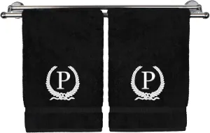 Monogrammed Hand Towel, Personalized Gift, 16 x 30 Inches - White Letter Embroidered with Wreath Design on Black Towel - Extra Absorbent - 100% Turkish Cotton - Soft Terry Finish - Initial P
