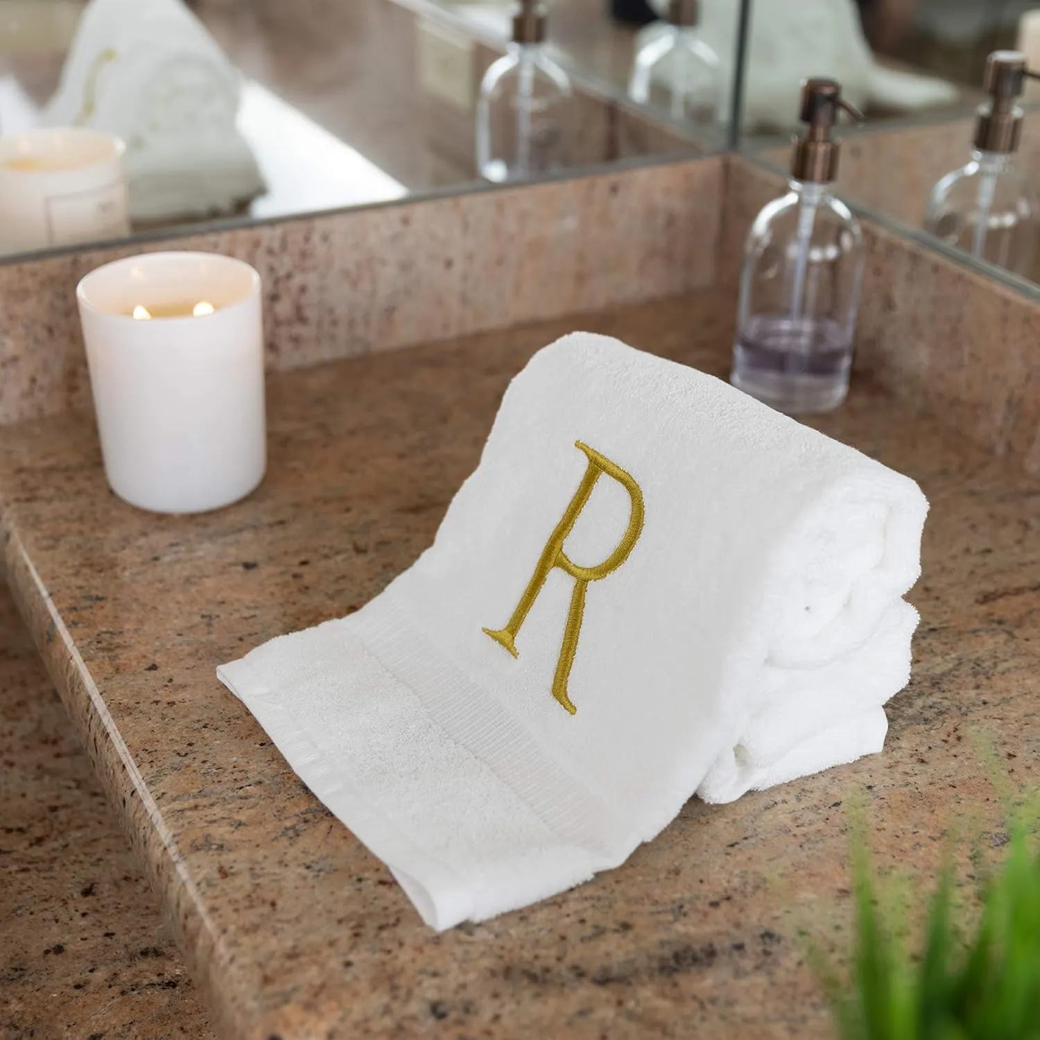 Monogrammed Hand Towels for Bathroom - Luxury Hotel Quality Personalized Initial Decorative Embroidered Bath Towel for Powder Room, Spa - GOTS Organic Certified - Set of 2 Gold Letter R