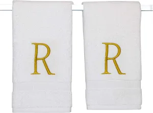 Monogrammed Hand Towels for Bathroom - Luxury Hotel Quality Personalized Initial Decorative Embroidered Bath Towel for Powder Room, Spa - GOTS Organic Certified - Set of 2 Gold Letter R