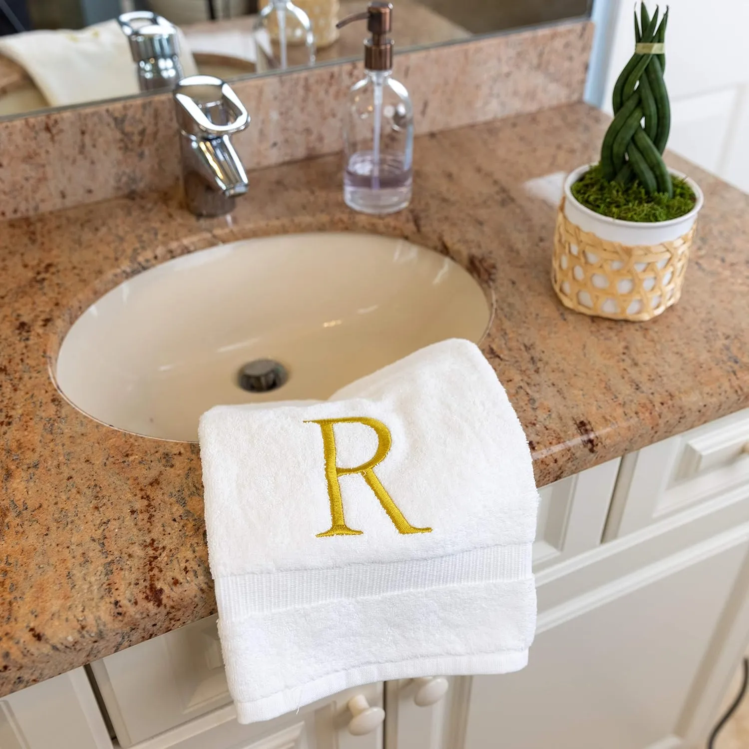 Monogrammed Hand Towels for Bathroom - Luxury Hotel Quality Personalized Initial Decorative Embroidered Bath Towel for Powder Room, Spa - GOTS Organic Certified - Set of 2 Gold Letter R