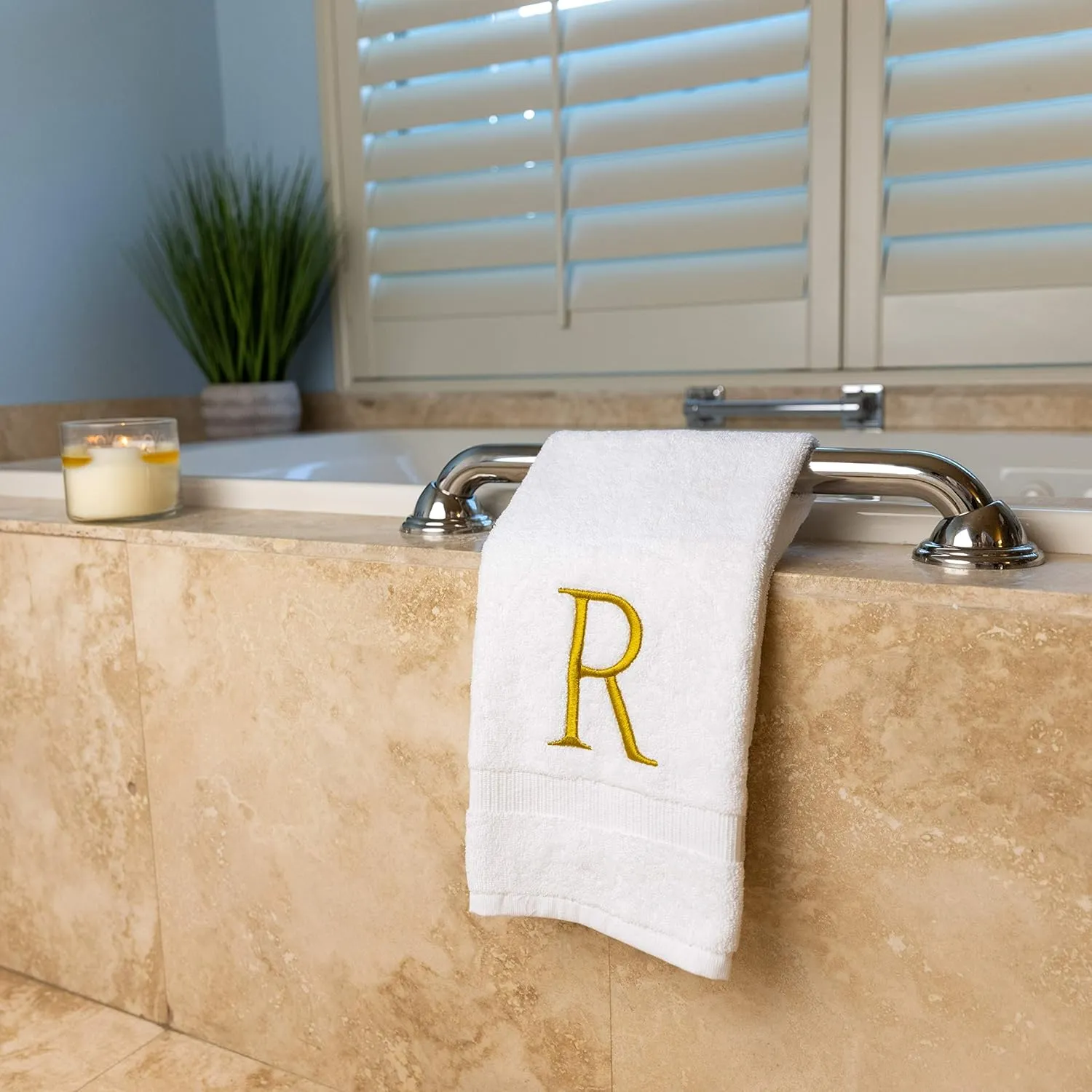 Monogrammed Hand Towels for Bathroom - Luxury Hotel Quality Personalized Initial Decorative Embroidered Bath Towel for Powder Room, Spa - GOTS Organic Certified - Set of 2 Gold Letter R