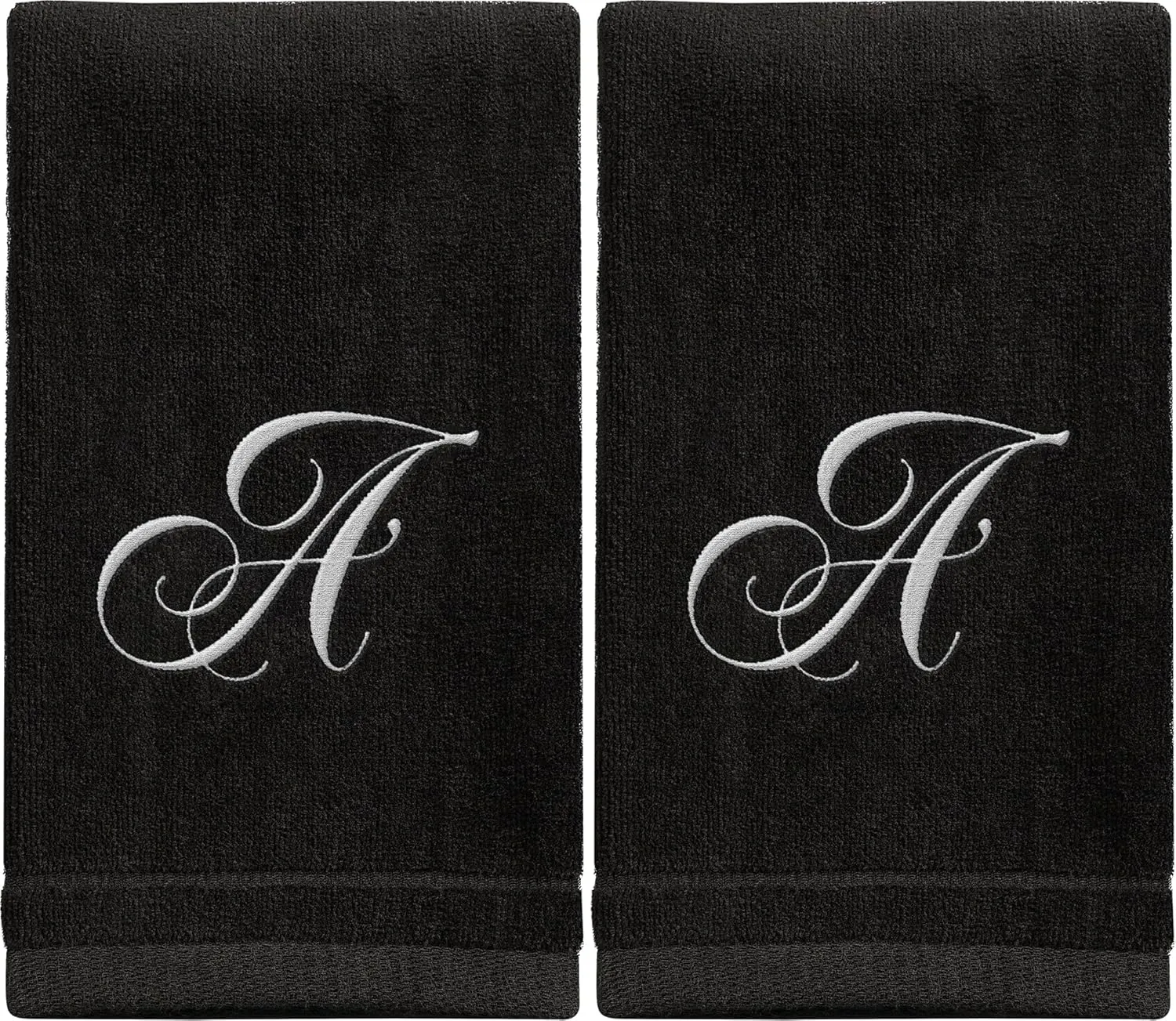Monogrammed Towels Fingertip, Personalized Gift, 11 x 18 Inches - Set of 2 White Embroidered Towel - Extra Absorbent 100% Cotton - Soft Velour Finish - For Bathroom/ Kitchen/ Spa - Initial A (Black)