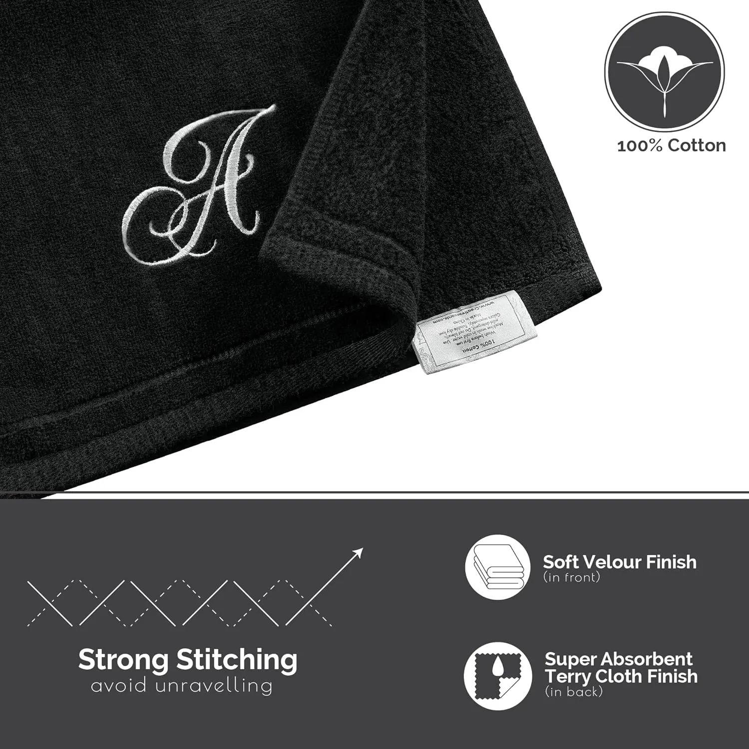 Monogrammed Towels Fingertip, Personalized Gift, 11 x 18 Inches - Set of 2 White Embroidered Towel - Extra Absorbent 100% Cotton - Soft Velour Finish - For Bathroom/ Kitchen/ Spa - Initial A (Black)
