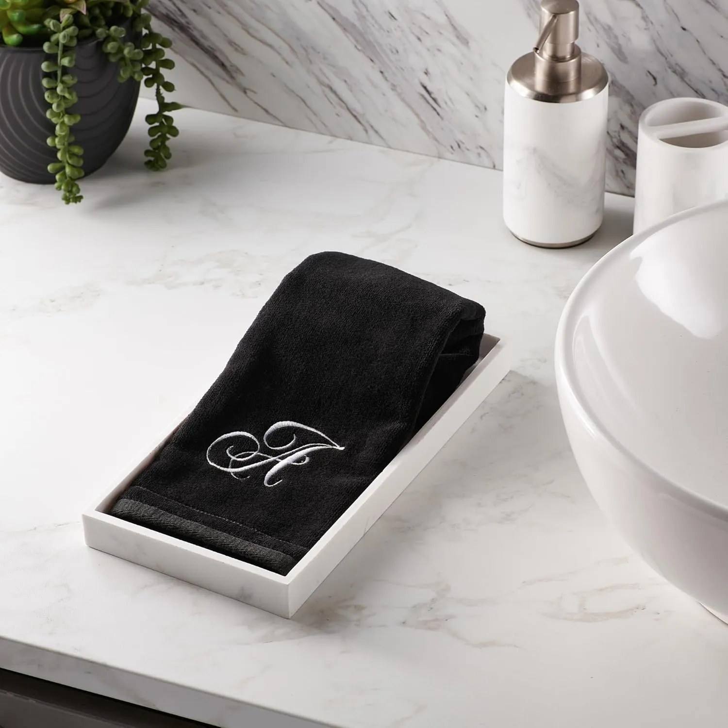 Monogrammed Towels Fingertip, Personalized Gift, 11 x 18 Inches - Set of 2 White Embroidered Towel - Extra Absorbent 100% Cotton - Soft Velour Finish - For Bathroom/ Kitchen/ Spa - Initial A (Black)