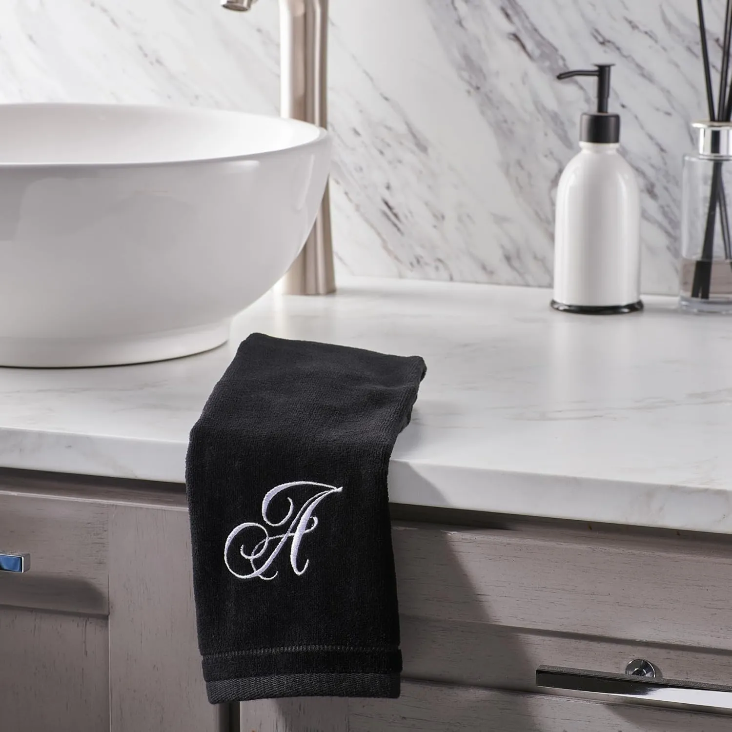 Monogrammed Towels Fingertip, Personalized Gift, 11 x 18 Inches - Set of 2 White Embroidered Towel - Extra Absorbent 100% Cotton - Soft Velour Finish - For Bathroom/ Kitchen/ Spa - Initial A (Black)